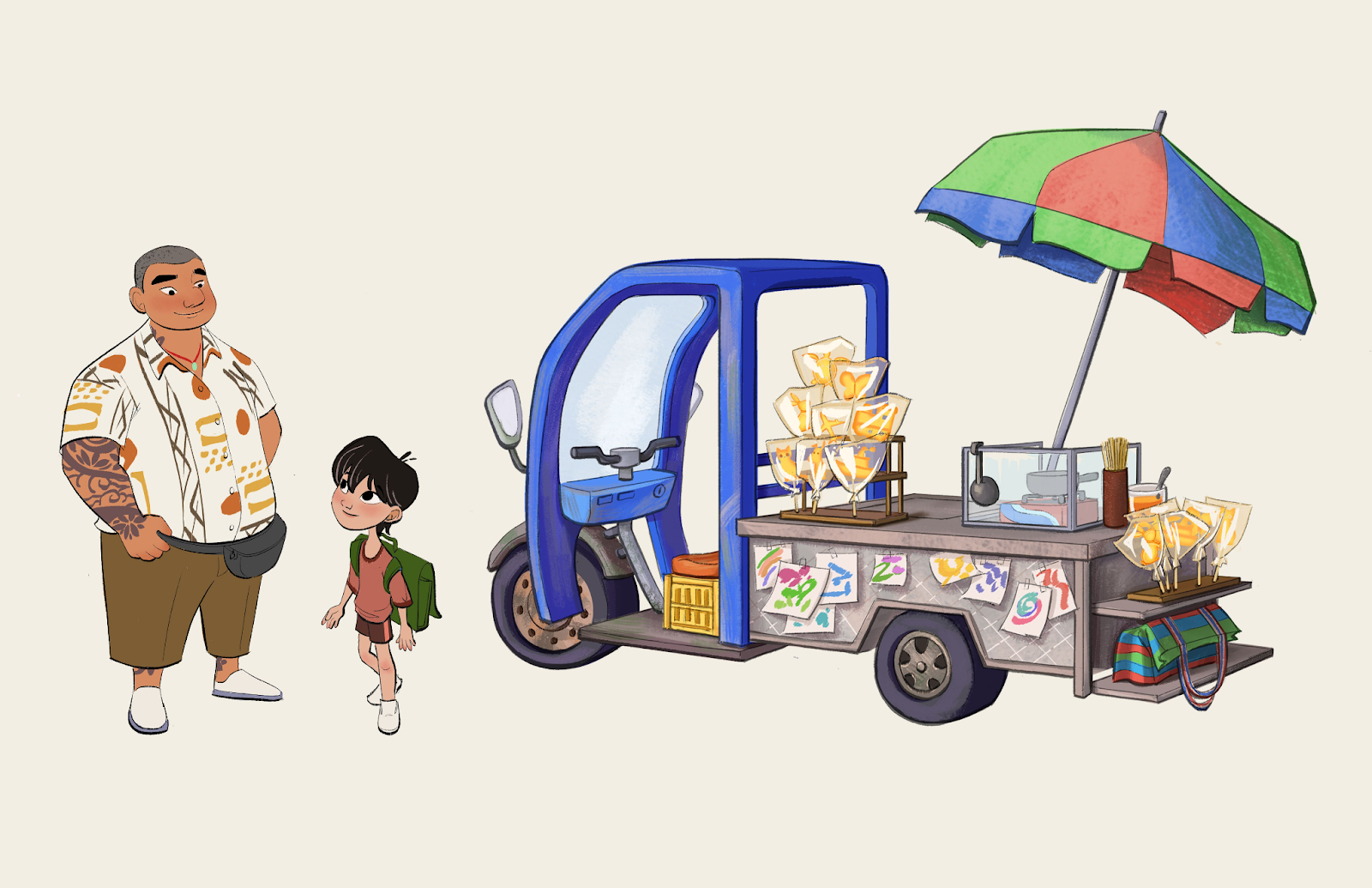 The short film centers around the meaningufl connection between a sugar-painting street vendor (left) and a student.